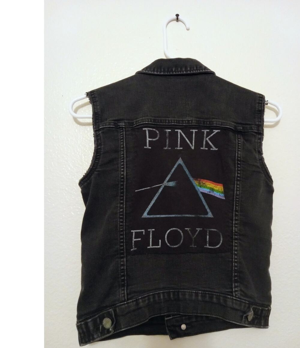 Pink Floyd OOAK Upcycled H & M Denim Vest Handsewn Patchwork Wearable Art SZ XS